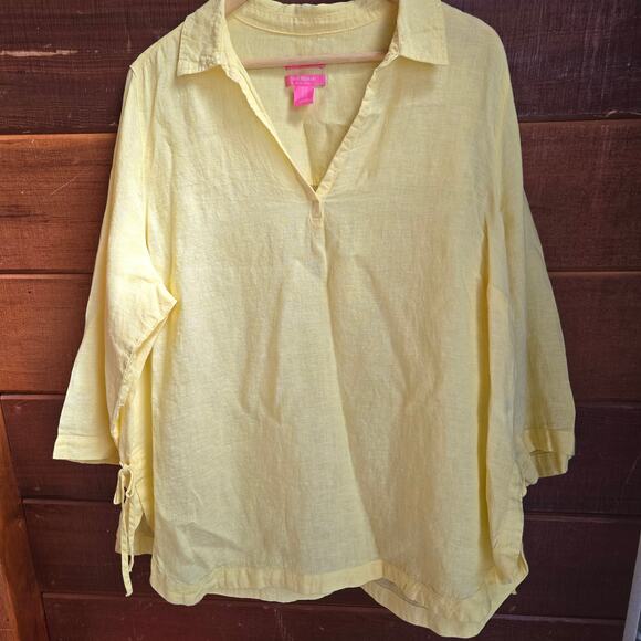 Isaac Mizrahi Womens Yellow Linen Tunic 1X 3/4 Sleeve Lightweight Beach Vacation - Picture 1 of 12